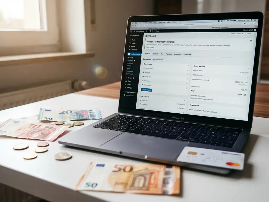 Laptop met WooCommerce dashboard omgeven door eurobankbiljetten, munten en creditcard op wit bureau