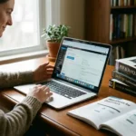 Persoon werkt aan laptop met WordPress dashboard, met beginnersgids en programmeerboeken op houten bureau
