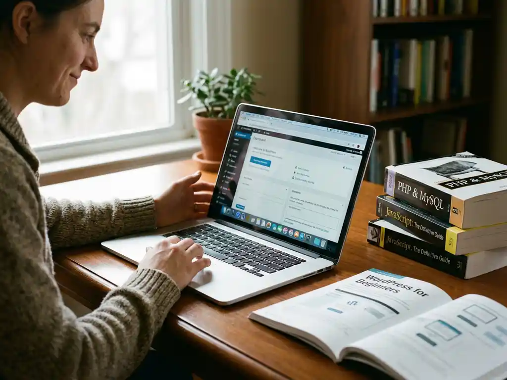 Persoon werkt aan laptop met WordPress dashboard, met beginnersgids en programmeerboeken op houten bureau