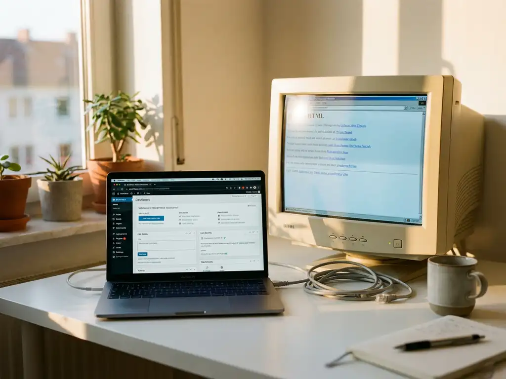 Moderne laptop met WordPress dashboard naast oudere desktop computer op wit bureau in professionele werkruimte