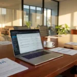 Laptop met WordPress dashboard op mahonie conferentietafel in moderne kantooromgeving met natuurlijk licht