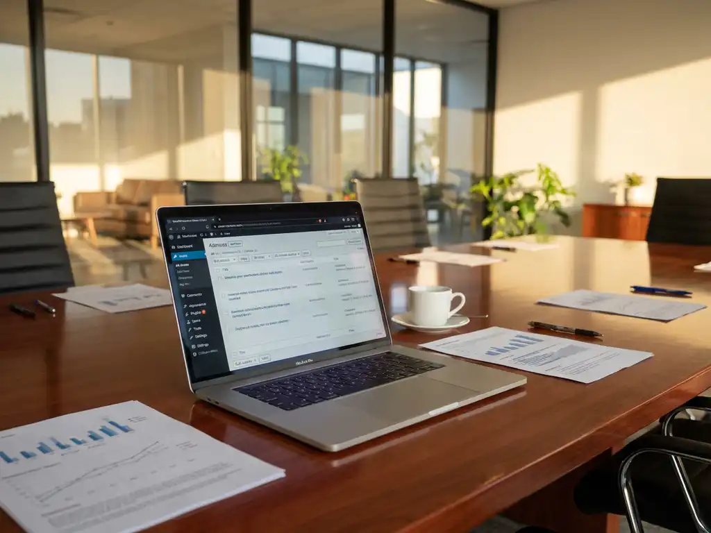 Laptop met WordPress dashboard op mahonie conferentietafel in moderne kantooromgeving met natuurlijk licht