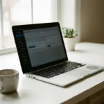 Moderne laptop met WordPress dashboard op scherm, geplaatst op wit bureau met natuurlijk licht