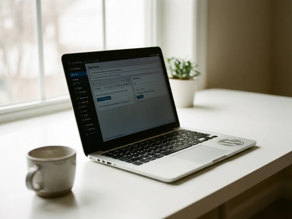 Moderne laptop met WordPress dashboard op scherm, geplaatst op wit bureau met natuurlijk licht