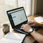 Ondernemer typt op laptop met WordPress dashboard, koffiekop en notitieboek op modern bureau bij raam