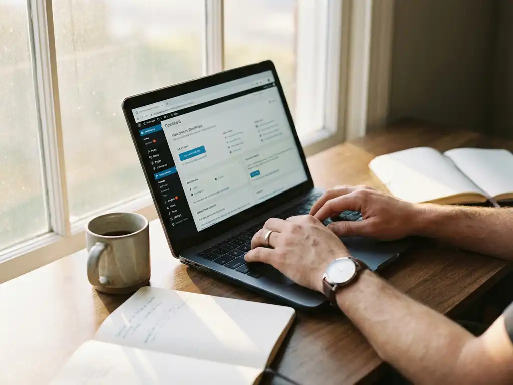 Ondernemer typt op laptop met WordPress dashboard, koffiekop en notitieboek op modern bureau bij raam