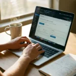 Handen typen op laptop met WordPress dashboard, koffiekop en notitieblok op houten bureau bij raam