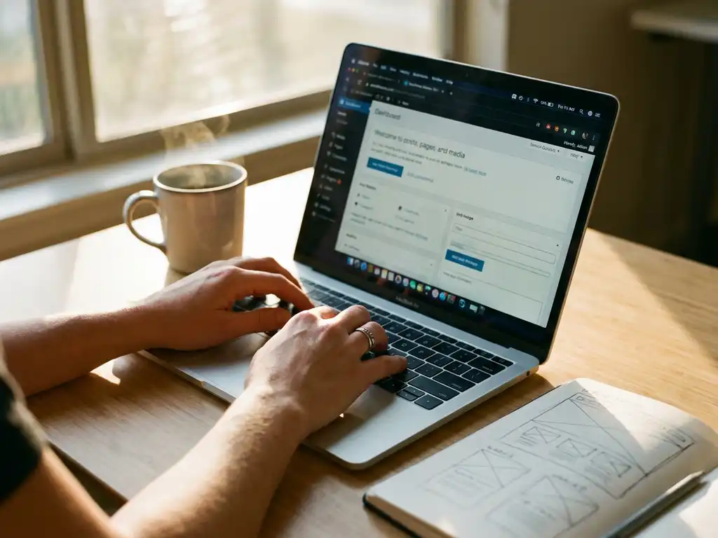 Handen typen op laptop met WordPress dashboard, koffiekop en notitieblok op houten bureau bij raam