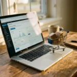 Laptop met WordPress dashboard op houten bureau, winkelwagentje met productdoosjes naast toetsenbord in zonlicht