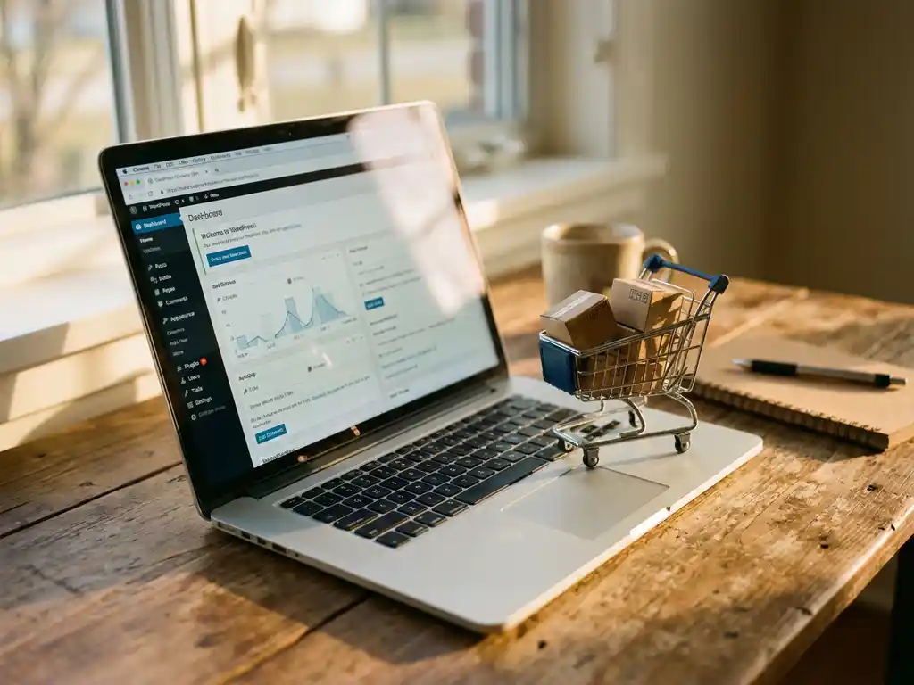Laptop met WordPress dashboard op houten bureau, winkelwagentje met productdoosjes naast toetsenbord in zonlicht