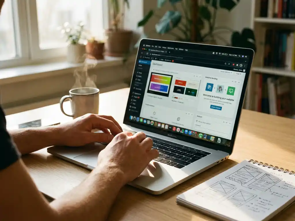 Handen navigeren WordPress dashboard op laptop met koffiekopje en notitieblok op houten bureau bij raam