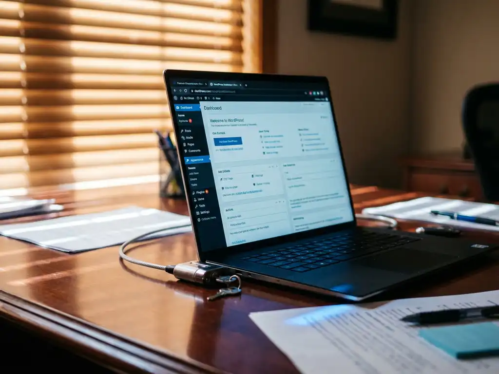 Laptop met WordPress dashboard op mahonie bureau naast beveiligingsslot, blauwe schermverlichting op documenten
