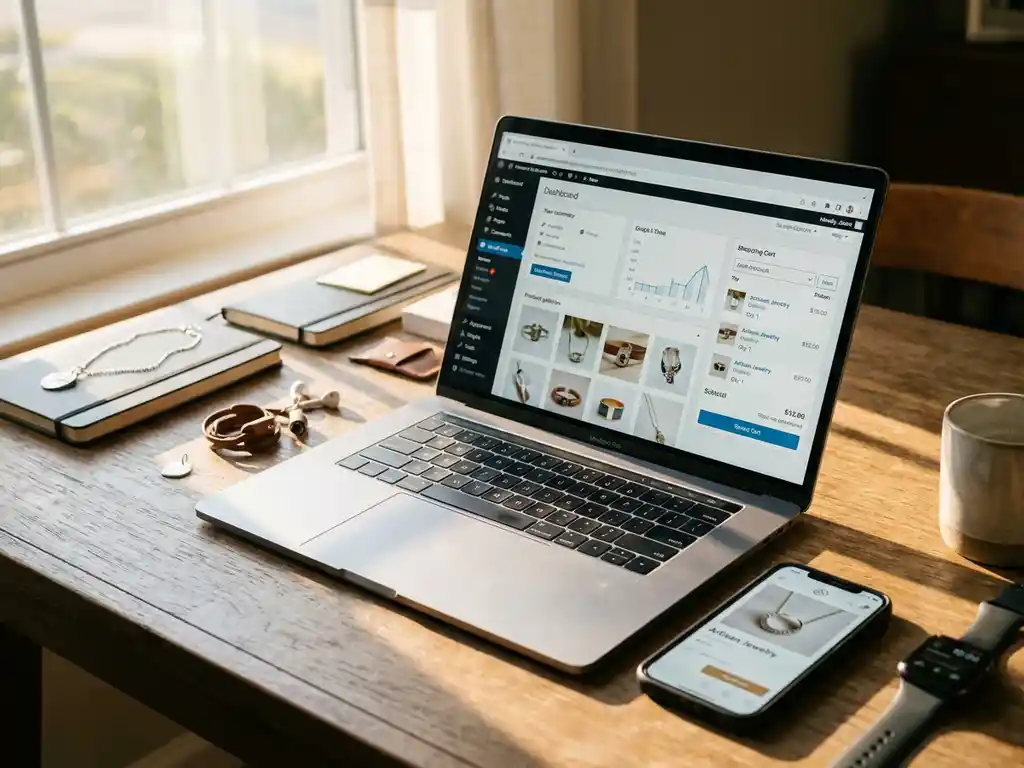 Laptop met WordPress e-commerce dashboard en smartphone met online winkel op houten bureau met productsamples
