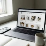 Laptop toont WordPress e-commerce website met productgrid, smartphone met mobiele versie ernaast op wit bureau