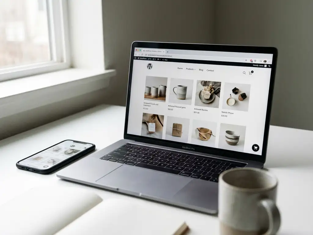 Laptop toont WordPress e-commerce website met productgrid, smartphone met mobiele versie ernaast op wit bureau