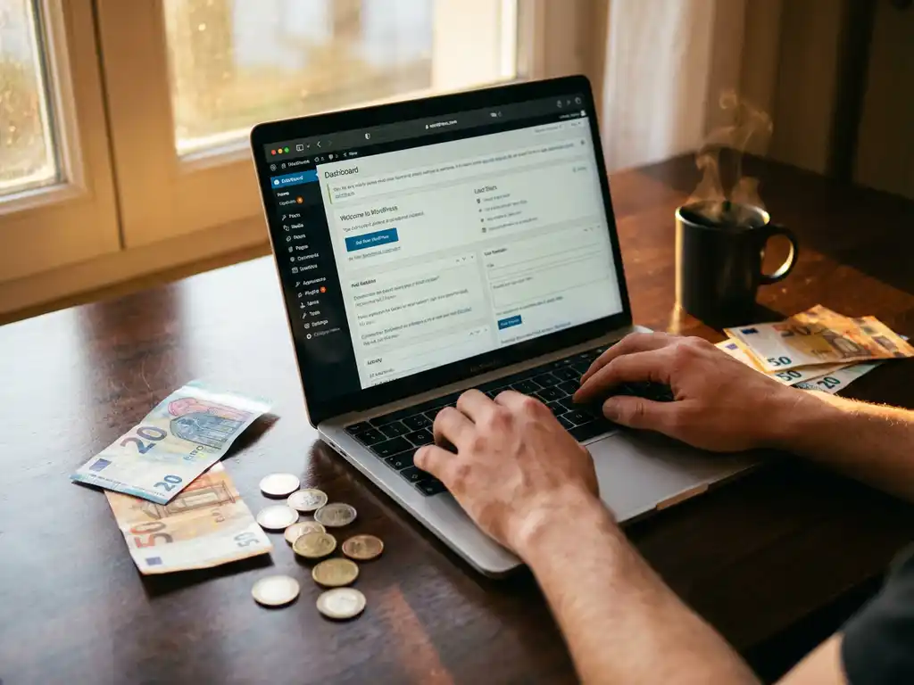 Laptop met WordPress dashboard op houten bureau omringd door eurobankbiljetten en munten, koffiekopje erbij