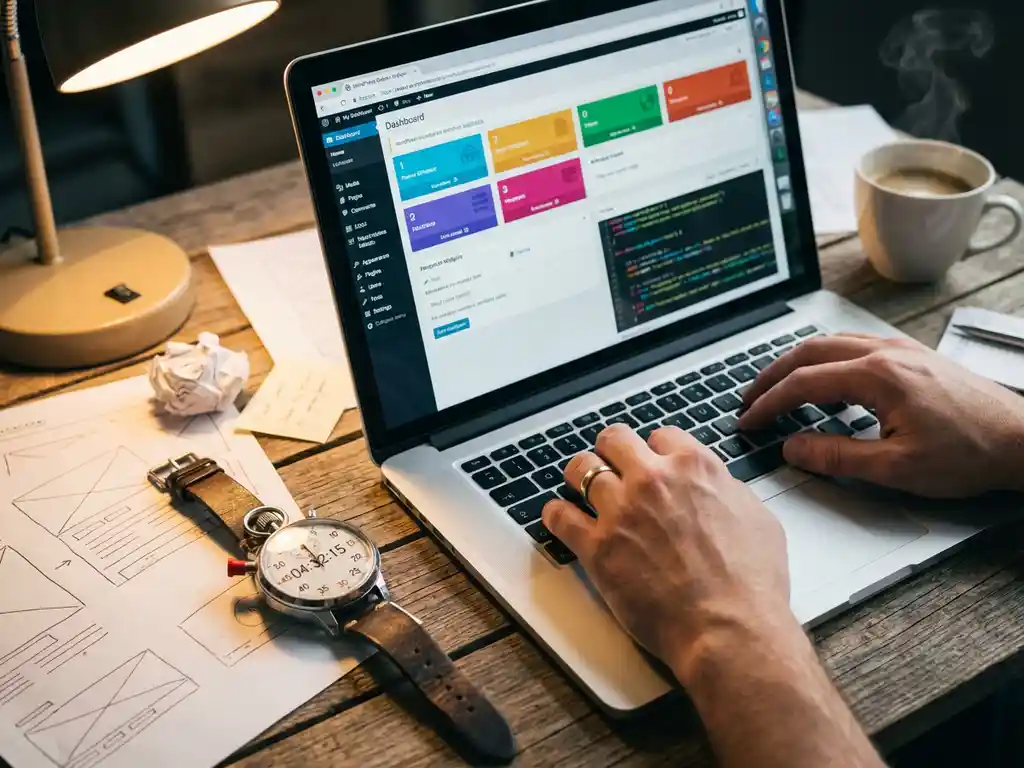 Webontwikkelaar typt op laptop met WordPress dashboard, stopwatch en koffie op houten bureau