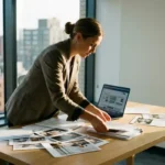 Professionele zakenvrouw organiseert contentmateriaal en marketingdocumenten aan moderne kantoorbureau met laptop
