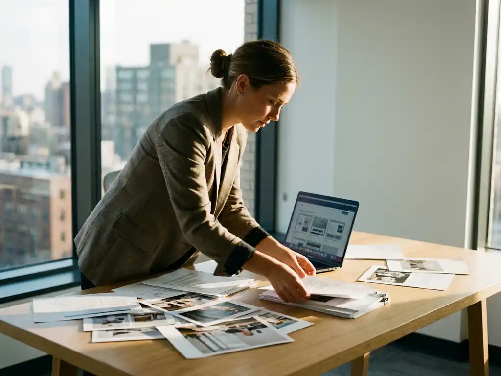 Professionele zakenvrouw organiseert contentmateriaal en marketingdocumenten aan moderne kantoorbureau met laptop