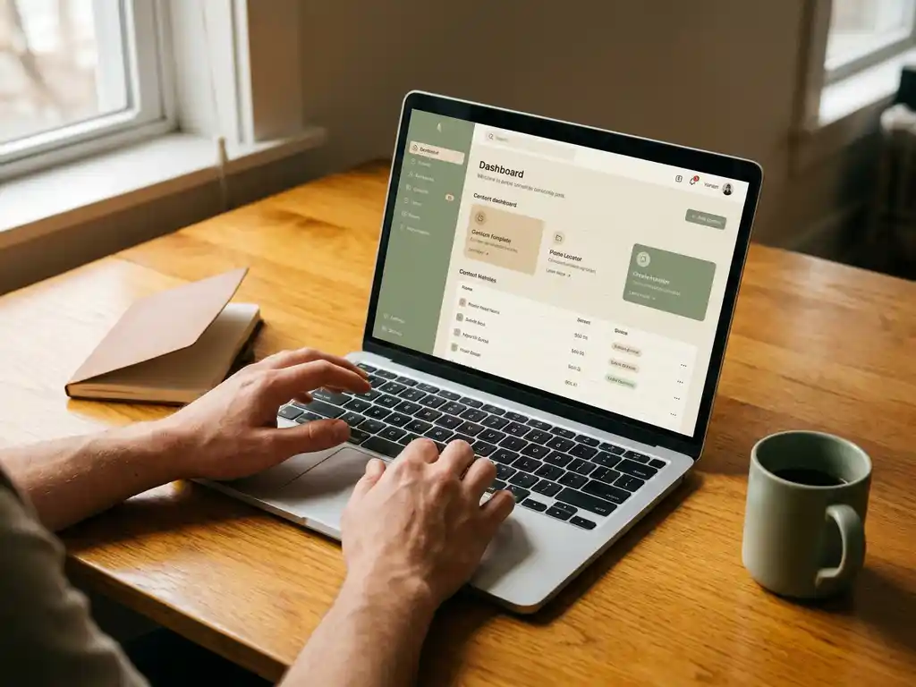 Handen van een beginner boven een open laptop op een houten bureau, met een content dashboard op het scherm, notitieboekje en koffiemok erbij.