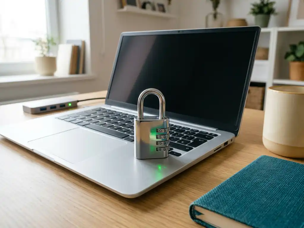Zilverkleurig hangslot op laptoptoetsenbord met groen licht, symbool voor online beveiliging en veilige internetverbinding.