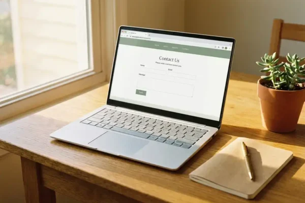 Laptop op een eiken bureau met een contactformulier, notitieboekje, pen en vetplant in warm middaglicht.