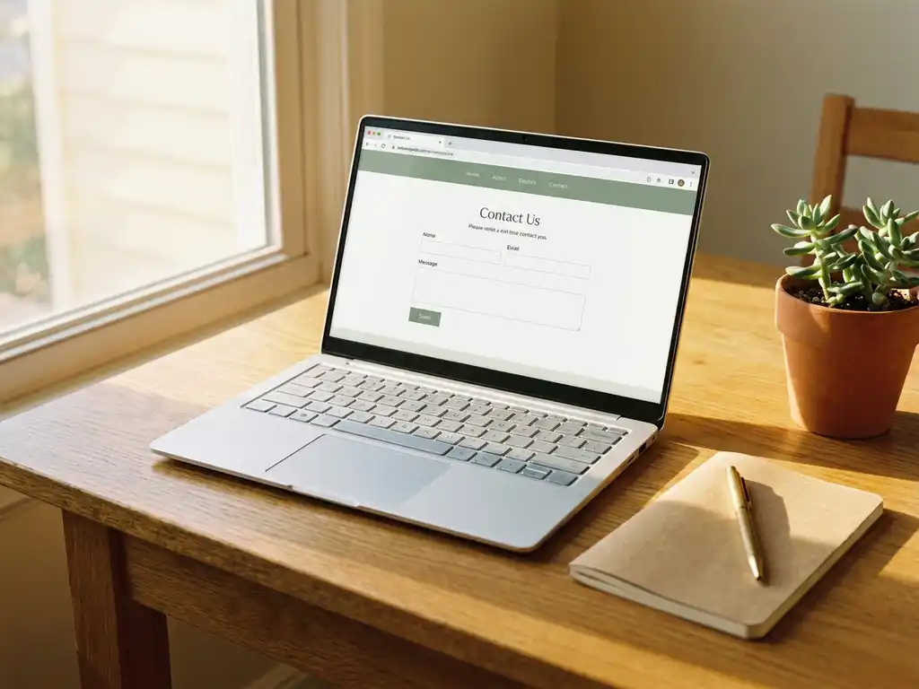 Laptop op een eiken bureau met een contactformulier, notitieboekje, pen en vetplant in warm middaglicht.