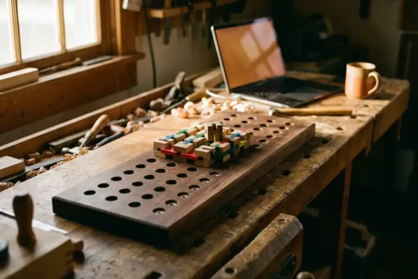 Houten werkbank met modulaire plug-in blokken die in een centraal bord passen, laptop op de achtergrond, warm goudkleurig atelierlicht.