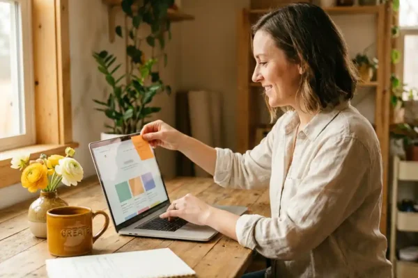 Ondernemer organiseert kleurrijke sticky notes op laptopscherm met websiteontwerp in warm verlicht creatief studio.