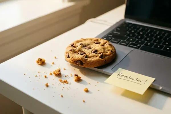 Versgebakken koekje op een laptop toetsenbord met gouden kruimels op een wit bureau, zacht natuurlijk licht.