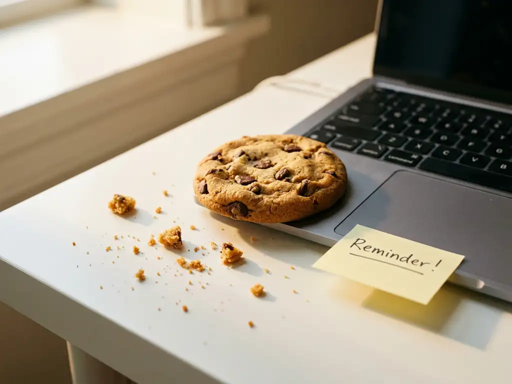 Versgebakken koekje op een laptop toetsenbord met gouden kruimels op een wit bureau, zacht natuurlijk licht.