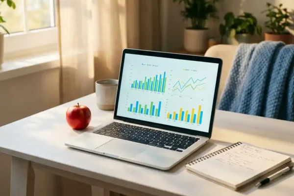 Laptop met kleurrijke staaf- en lijngrafieken op een wit bureau, met een rode appel, notitieboekje en pen in warm natuurlijk licht.