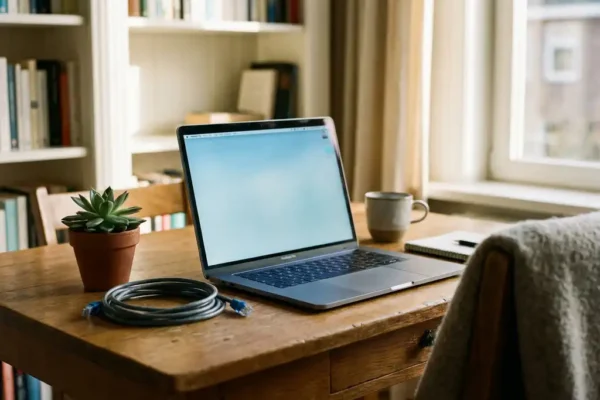 Zilveren laptop op houten bureau met ethernetkabel en vetplantje in sfeervol thuiskantoor met natuurlijk raamlicht.