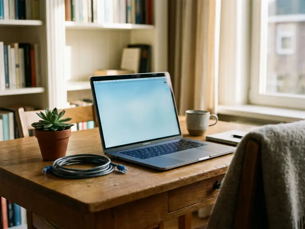 Zilveren laptop op houten bureau met ethernetkabel en vetplantje in sfeervol thuiskantoor met natuurlijk raamlicht.