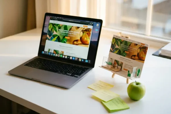 Laptop met kleurrijke website op wit bureau, naast een miniatuur fysiek webpaginamodel, groen appel en sticky notes in warm goudkleurig licht.