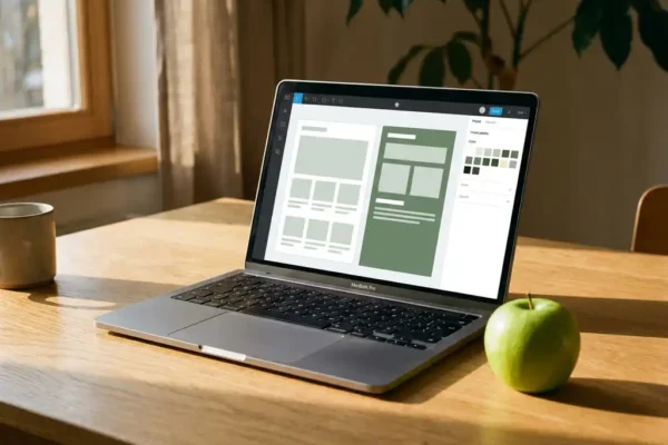 MacBook op houten bureau met webpagina-editor, groen appeltje naast het toetsenbord, warm middagzonlicht.