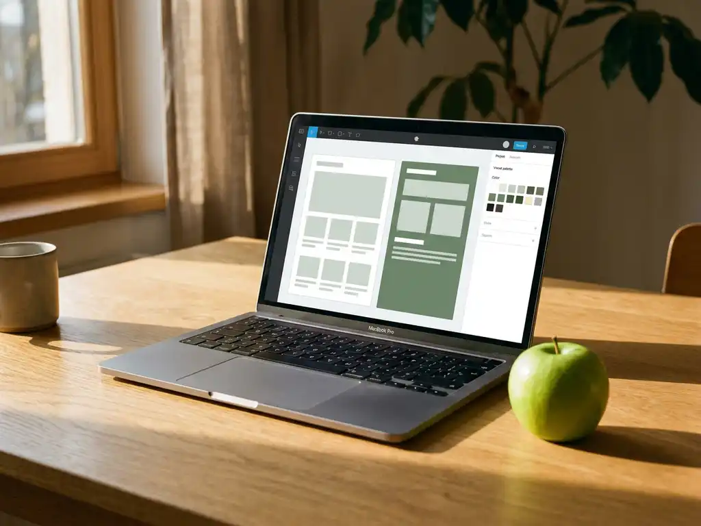 MacBook op houten bureau met webpagina-editor, groen appeltje naast het toetsenbord, warm middagzonlicht.