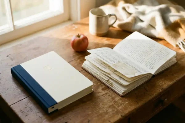 Twee notitieboeken op een verweerd houten bureau, één commercieel en één open met handgeschreven notities, appel ernaast, warm ochtendlicht.