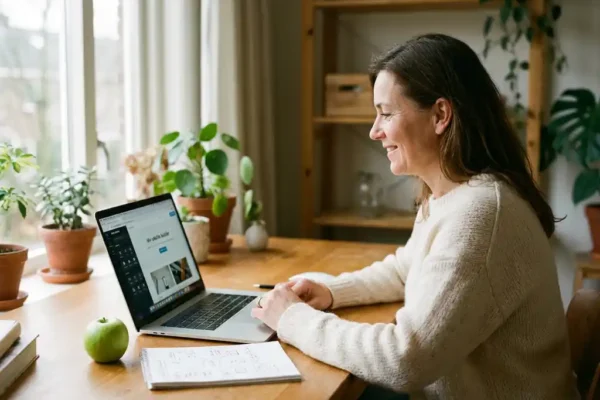 Ondernemer bouwt website op laptop aan houten bureau met notitieboek en groene appel, natuurlijk raamlicht in gezellig kantoor.