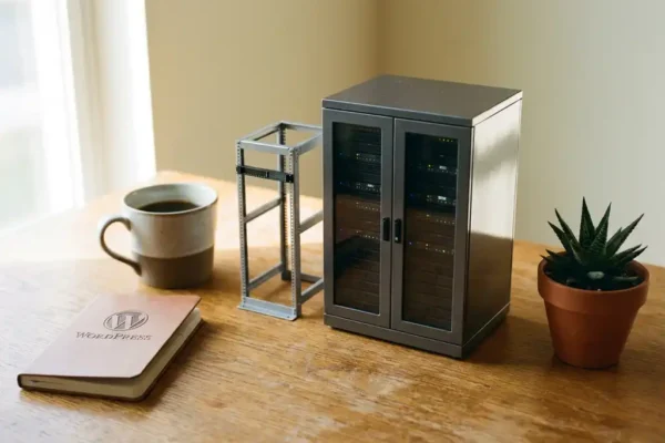 Twee serverrack-modellen naast elkaar op een houten bureau met WordPress-notitieboek, koffiemok en vetplant in warm ochtendlicht.
