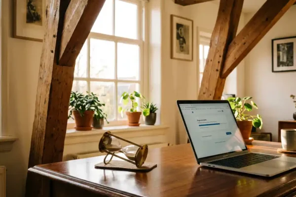 Laptop op houten bureau met snel ladende browser en zandloper, warm ochtendlicht in Nederlands kantoor.