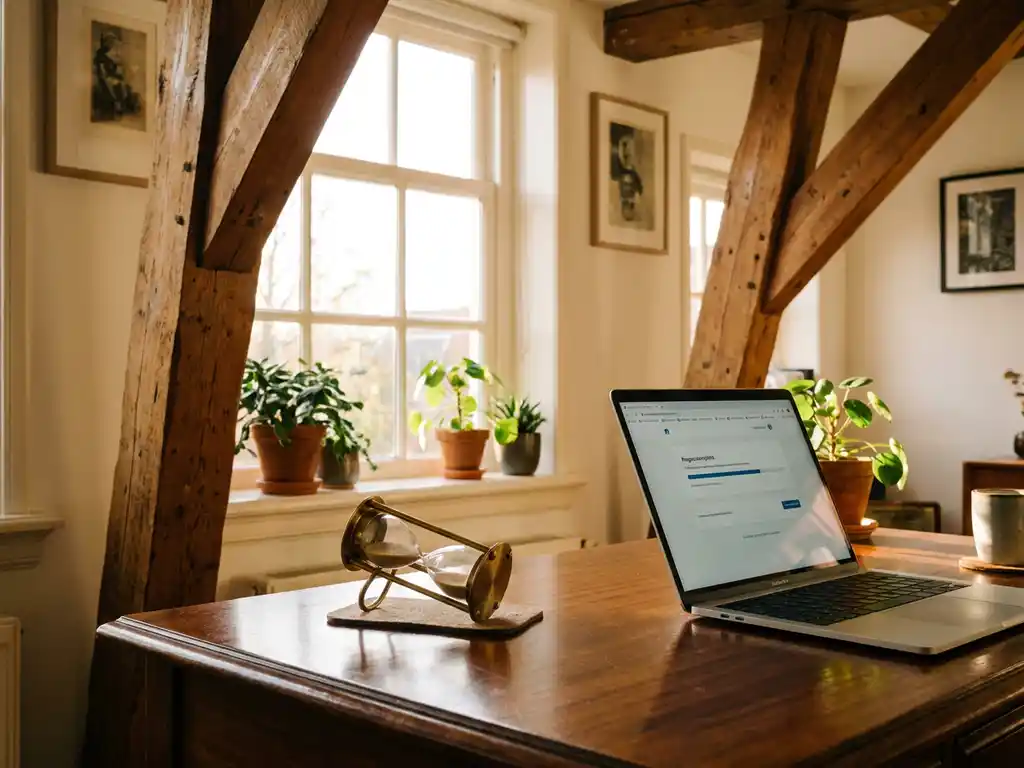Laptop op houten bureau met snel ladende browser en zandloper, warm ochtendlicht in Nederlands kantoor.