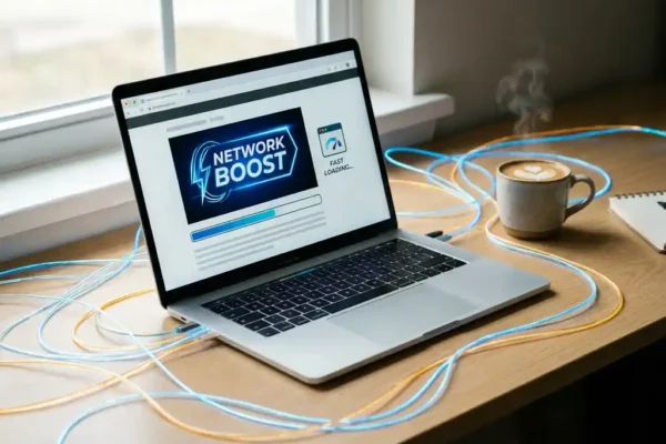 Laptop met snel ladende website op modern bureau, omgeven door gloeiende glasvezelkabels en een koffiekop.