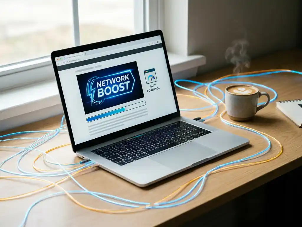 Laptop met snel ladende website op modern bureau, omgeven door gloeiende glasvezelkabels en een koffiekop.