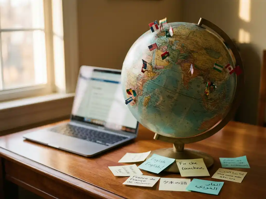 Vintage wereldbol met landenvlaggen op een houten bureau naast een open laptop, omringd door sticky notes in meerdere talen.