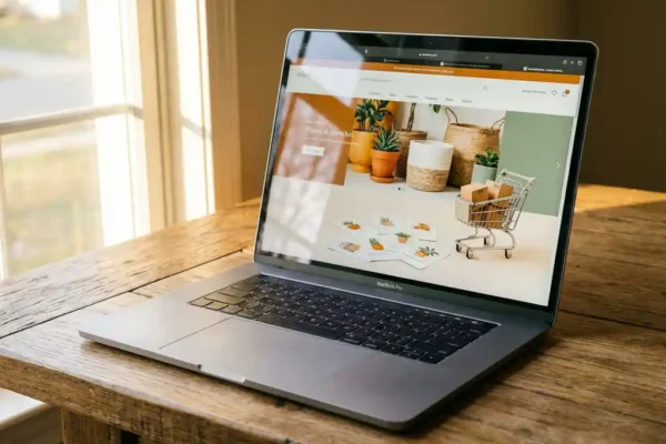 Laptop met webshop op houten bureau, omringd door productkaarten en winkelwagentje, warm ochtendlicht.