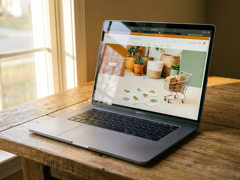 Laptop met webshop op houten bureau, omringd door productkaarten en winkelwagentje, warm ochtendlicht.