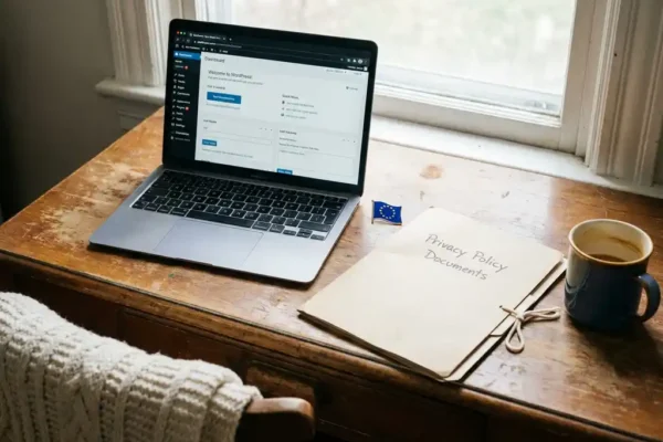 Houten bureau met open laptop met WordPress-dashboard, EU-vlaggenpin en privacybeleid map in zacht natuurlijk licht.
