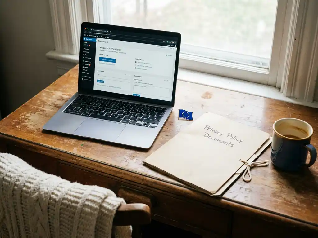 Houten bureau met open laptop met WordPress-dashboard, EU-vlaggenpin en privacybeleid map in zacht natuurlijk licht.