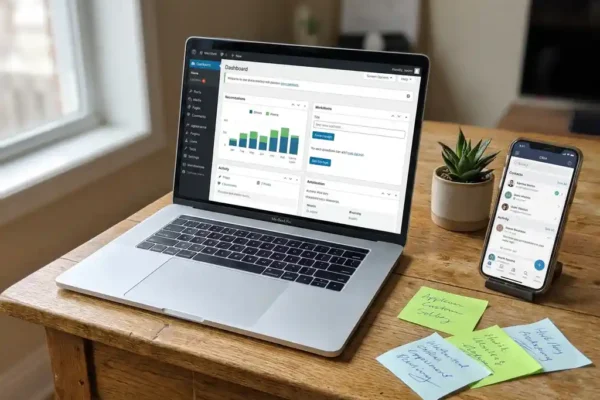 Laptop met WordPress-dashboard op een eikenhouten bureau, naast een smartphone met CRM-interface, succulent en sticky notes.